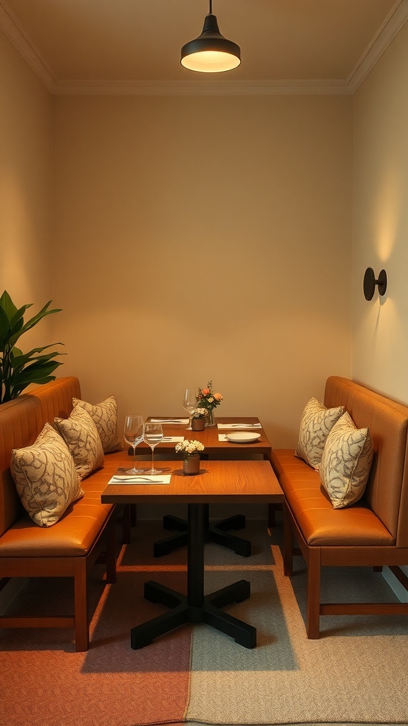 A cozy dining room with cushioned seating and a small table set for two.