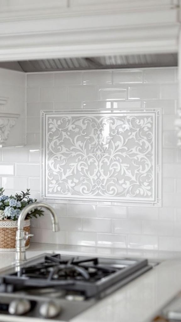 A white kitchen backsplash featuring intricate tile inlays with floral patterns.