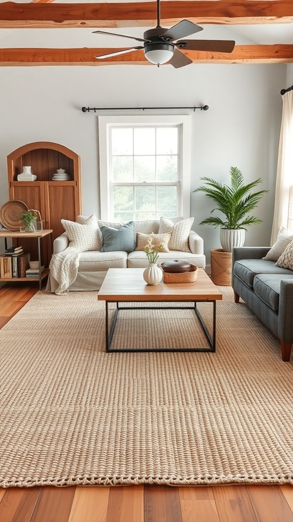 A cozy farmhouse living room featuring a large area rug, comfortable seating, and natural decor.