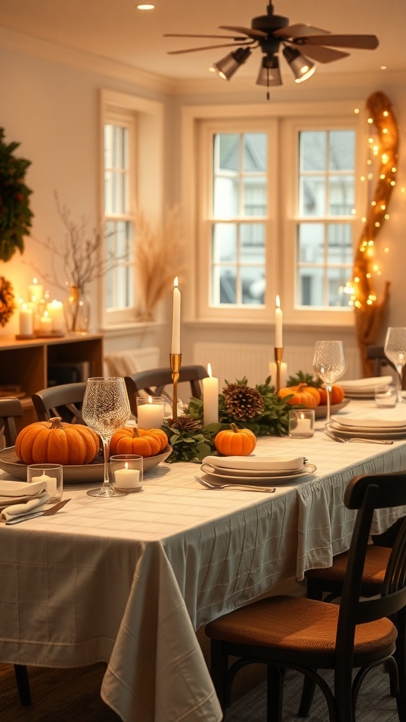 A beautifully set Thanksgiving table with pumpkins, candles, and elegant glassware.