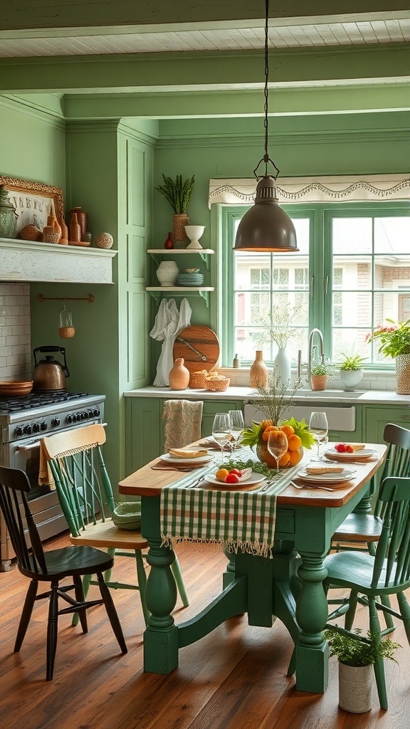 A cozy green farmhouse kitchen with a rustic table set for a meal.