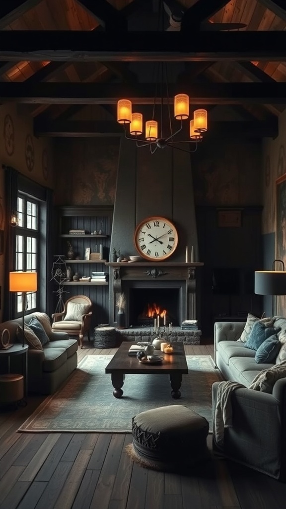 A dark rustic living room with soft lighting, featuring comfortable seating and a warm fireplace.