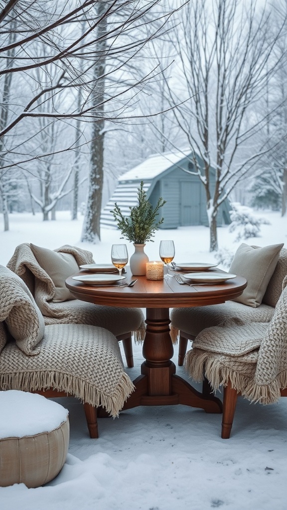 A cozy winter table setting with blankets and a centerpiece in a snowy outdoor setting.