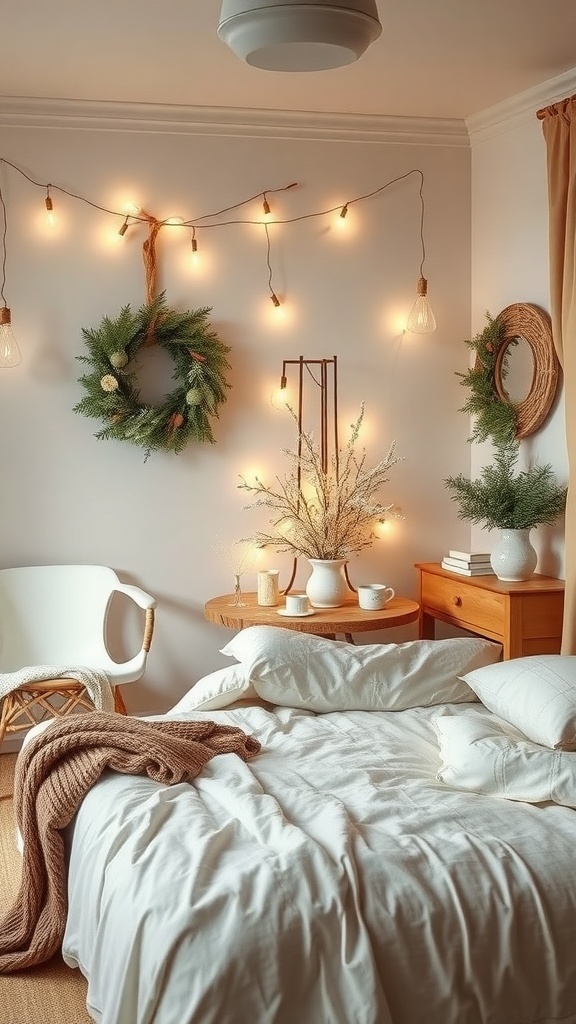 A cozy bedroom with soft blankets, warm lighting, and natural decor.
