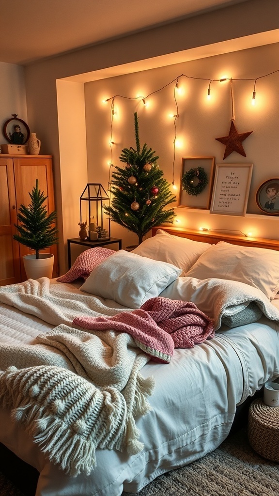 Cozy bedroom with soft blankets, warm lighting, and small trees for winter decor.