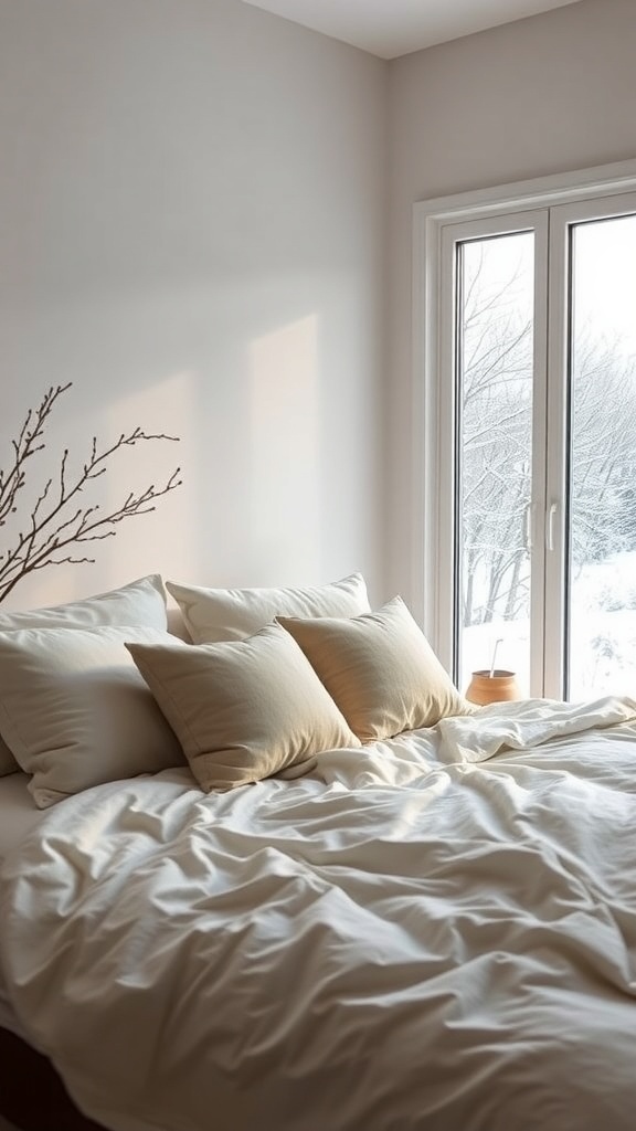 A cozy bedroom with soft bedding and a snowy view outside.