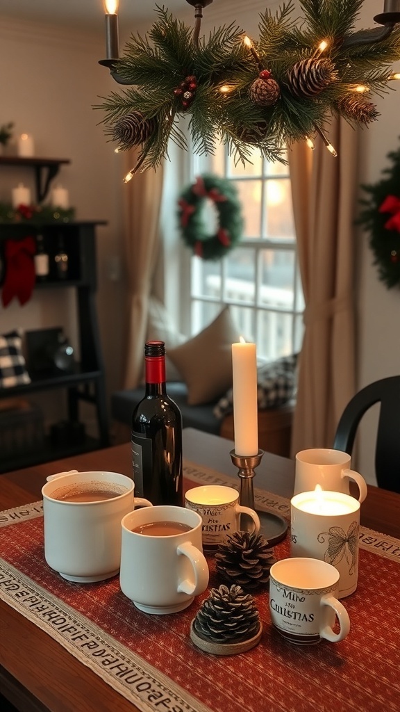 A festive beverage station with mugs, hot drinks, a bottle of wine, and candles on a table.