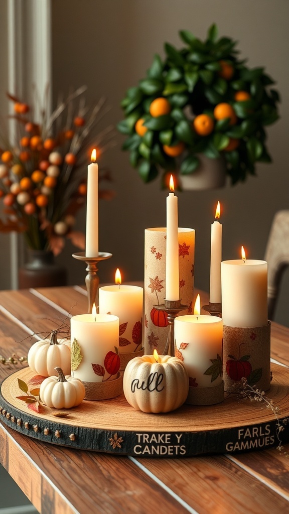 A cozy candle display featuring various candles and decorative pumpkins on a wooden tray.