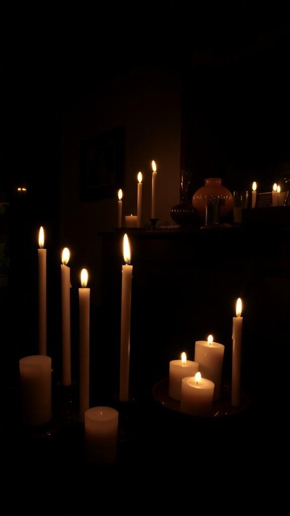 A collection of candles of various heights lit in a dimly lit room.