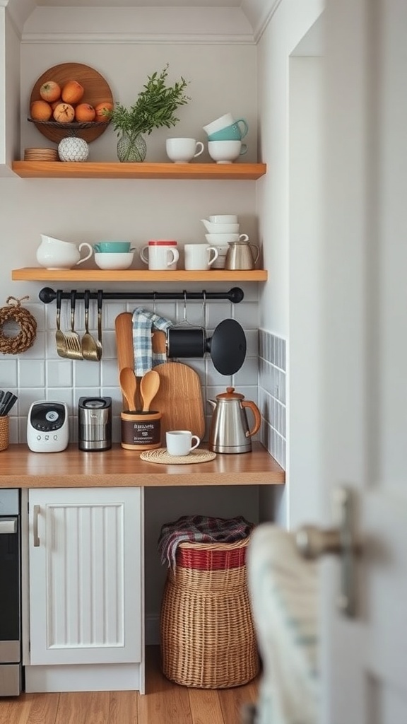 A cozy kitchen nook featuring a coffee and tea station with mugs, kettle, and decorative items.