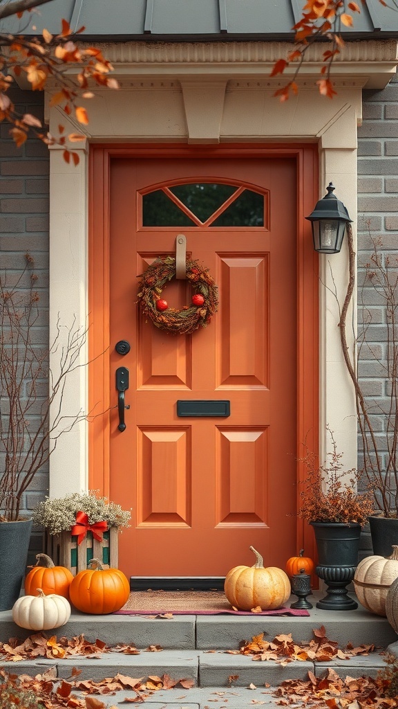 A fall-themed front door with a terracotta color, a wreath, pumpkins, and autumn leaves.