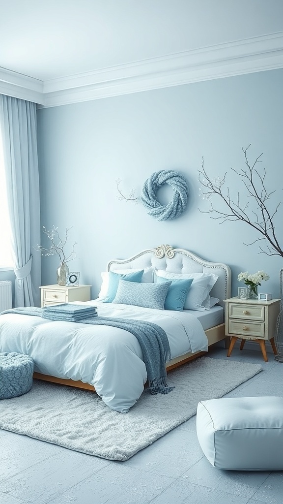 A cozy winter bedroom featuring soft blue walls, a comfortable bed with blue and white bedding, and a plush rug.