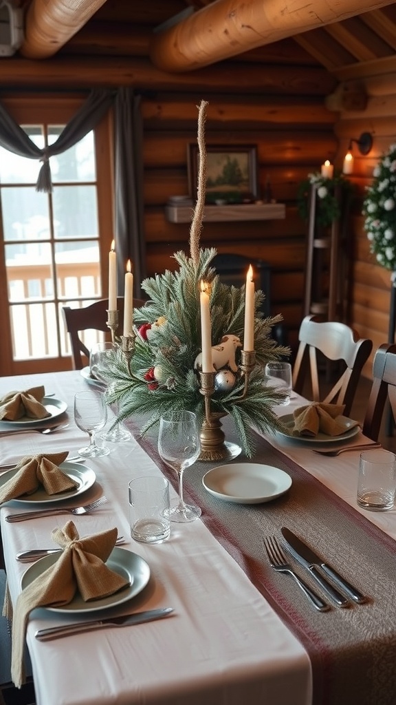 Cozy winter cabin dining area with a beautifully set table, candles, and greenery.