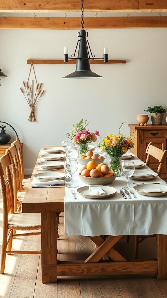 A rustic farmhouse dining table set with plates, glasses, and a centerpiece of fruits and flowers.