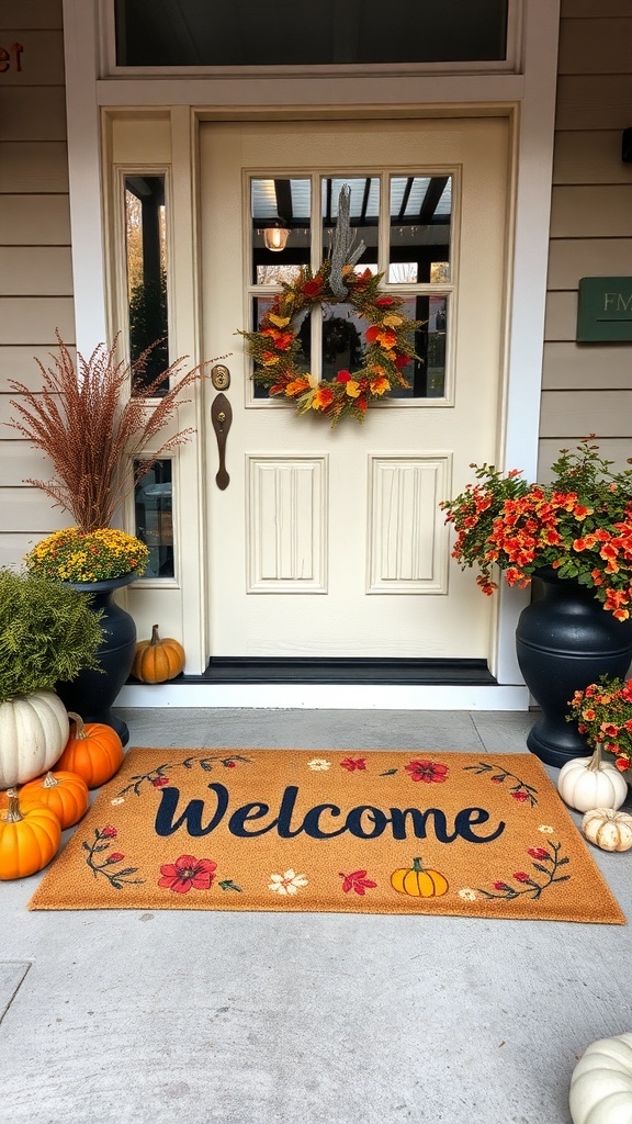 A welcoming doormat with floral designs and a pumpkin, placed on a porch decorated for fall.