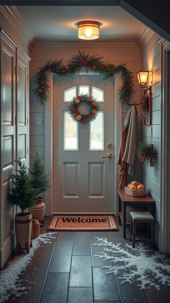 A cozy winter entrance with a wreath, warm lighting, and a welcome mat.