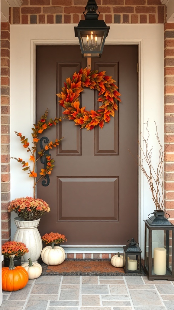 A cozy fall-themed entryway with a wreath, pumpkins, and flowers.