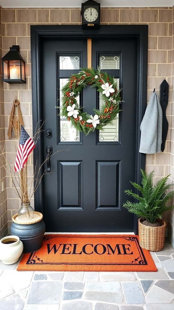 A cozy entryway featuring a wreath on the door, a welcome mat, and decorative plants.