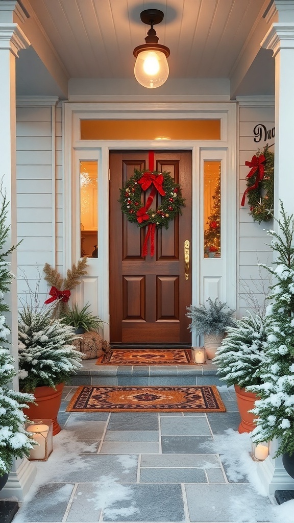 A winter entryway with a wooden door, a green wreath with a red bow, potted evergreens, and a patterned rug.