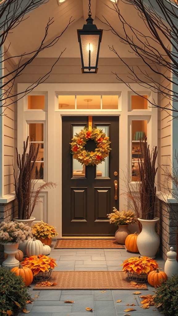A cozy entryway decorated for fall with pumpkins, autumn leaves, and a wreath.