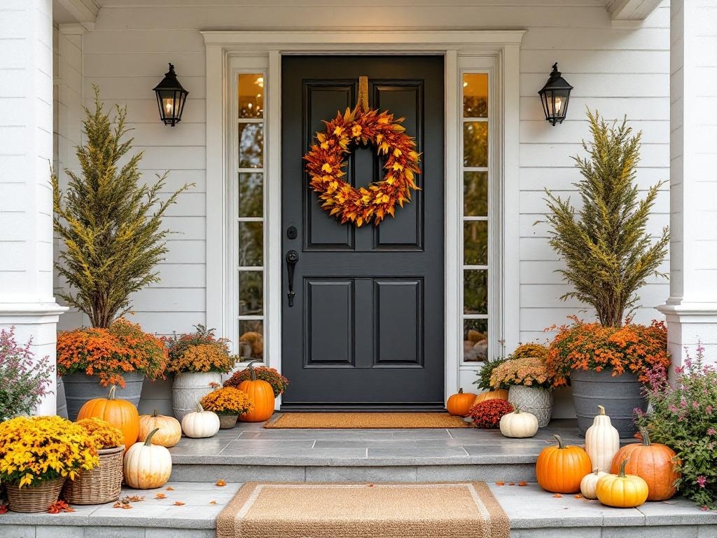 A beautifully decorated entryway with a dark door, autumn wreath, pumpkins, and colorful flowers.
