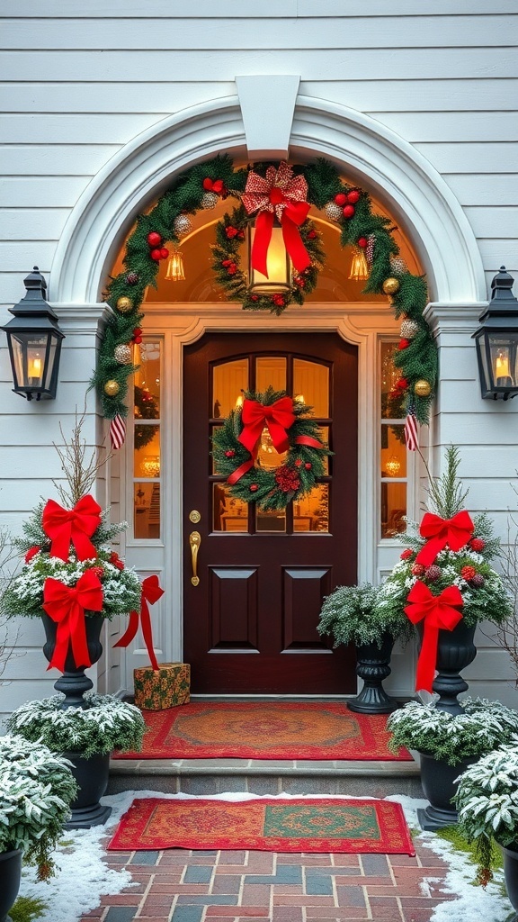 A beautifully decorated entryway for Christmas with a wreath, red bows, and festive planters.