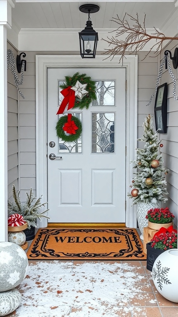 A cozy entryway with a wreath, doormat, and potted plants.