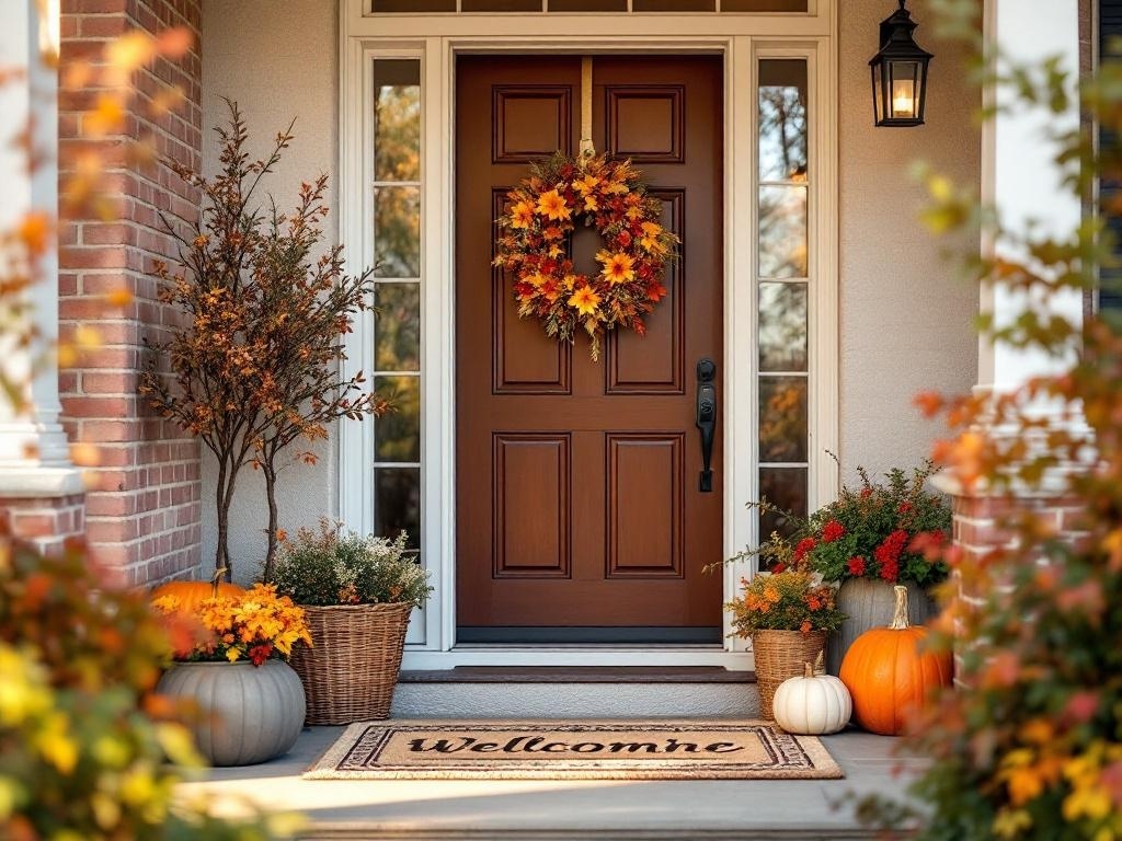 A cozy entryway decorated for Thanksgiving with a wreath, pumpkins, and colorful flowers.
