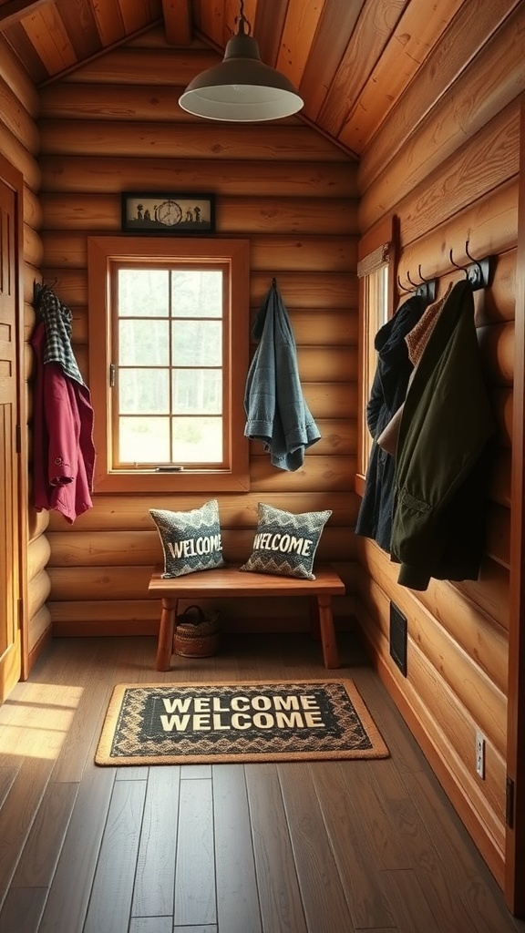Cozy cabin entryway with wooden walls, a bench, and welcoming decor.