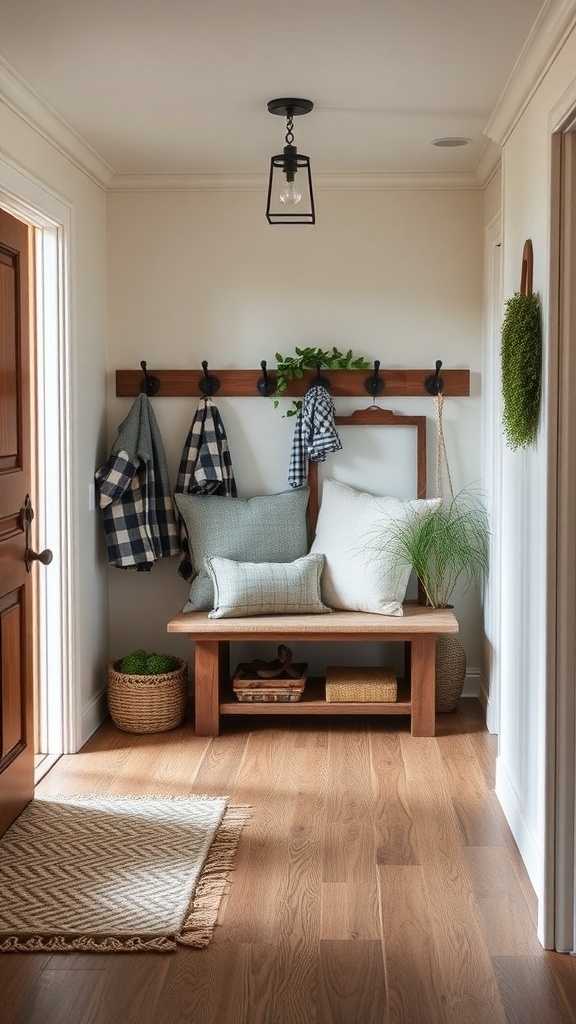 A cozy farmhouse entryway with a wooden bench, hooks for coats, and decorative plants.
