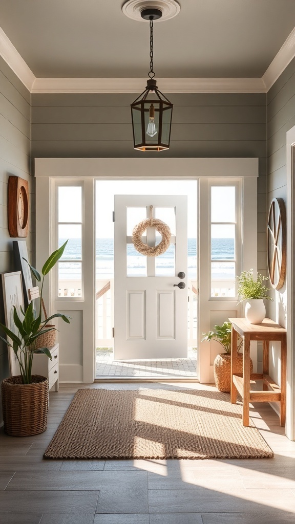 Bright and inviting coastal house entryway with ocean view