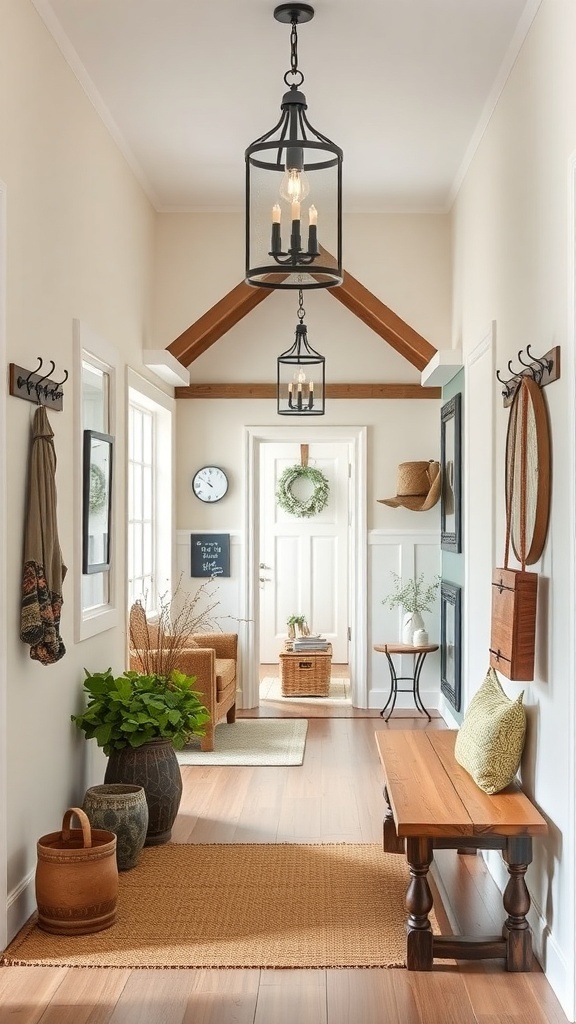 A cozy farmhouse entryway with wooden floors, a bench, and decorative hooks.