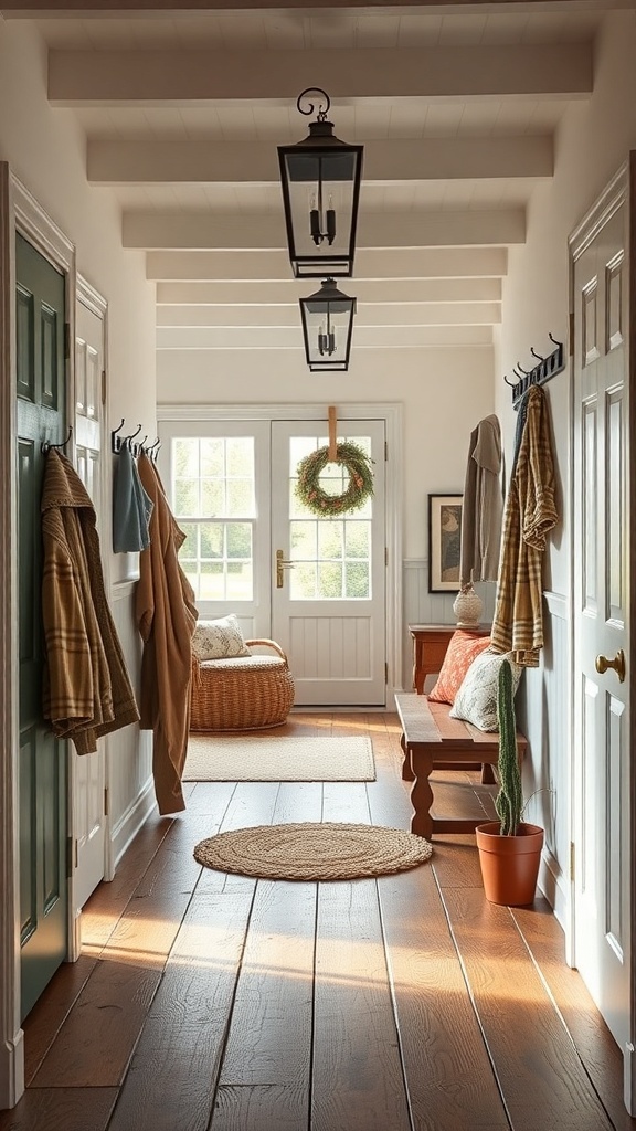 A cozy entryway with a bench, hooks for coats, and a wreath on the door.