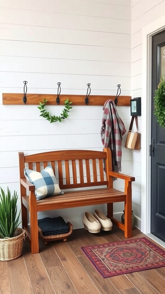 A cozy entryway featuring a wooden bench, hooks for coats, and decorative elements.
