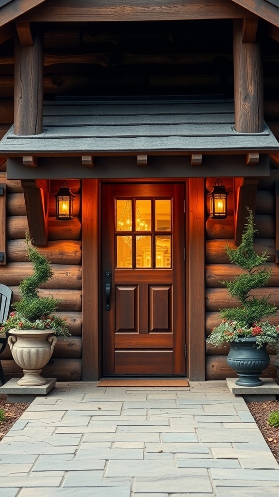 Rustic house entryway with wooden door and lanterns