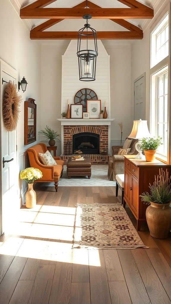 A cozy farmhouse-style living room with warm colors and rustic decor.
