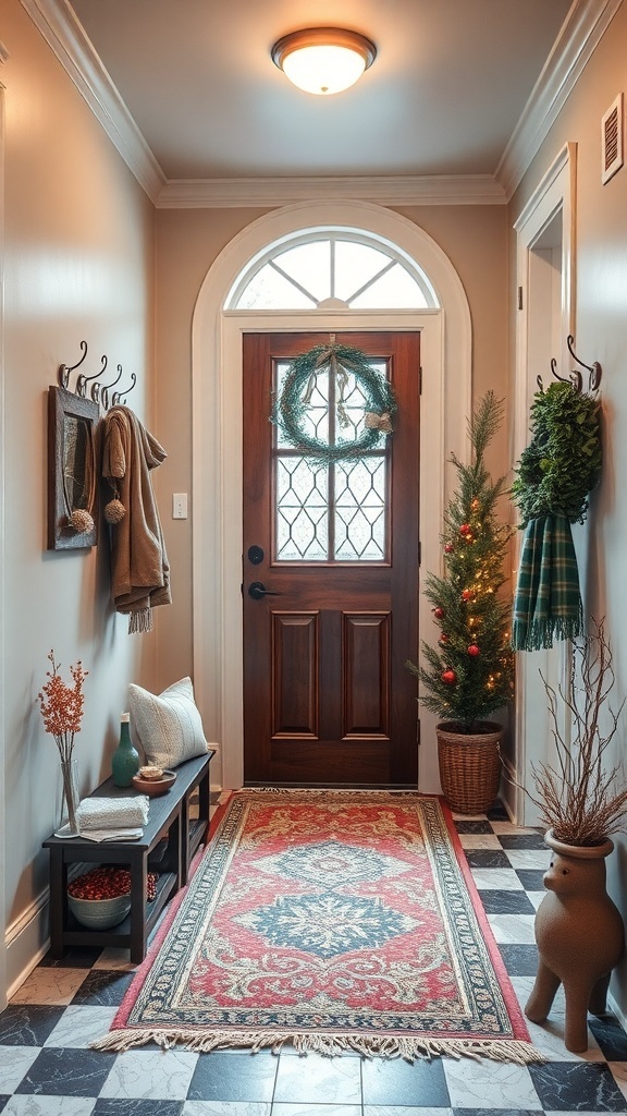 A cozy winter entryway with a wreath, small tree, and decorative rug.
