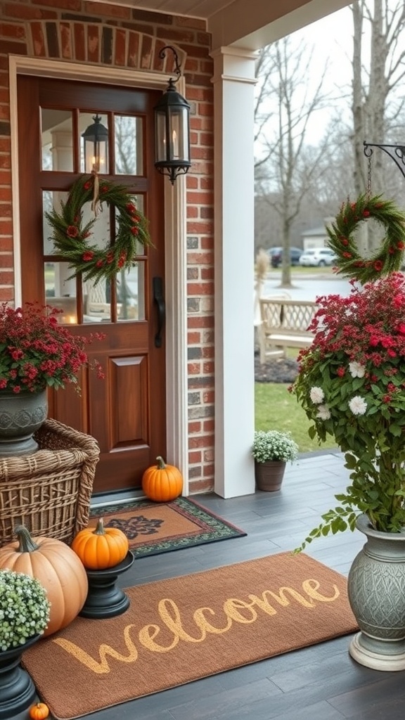 A cozy entryway decorated for fall with a wooden door, lantern, wreath, flowers, and pumpkins.