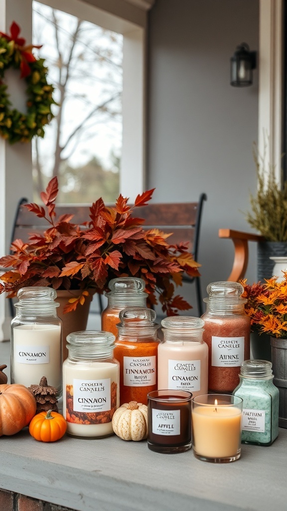 A cozy fall porch with various scented candles, pumpkins, and autumn leaves.