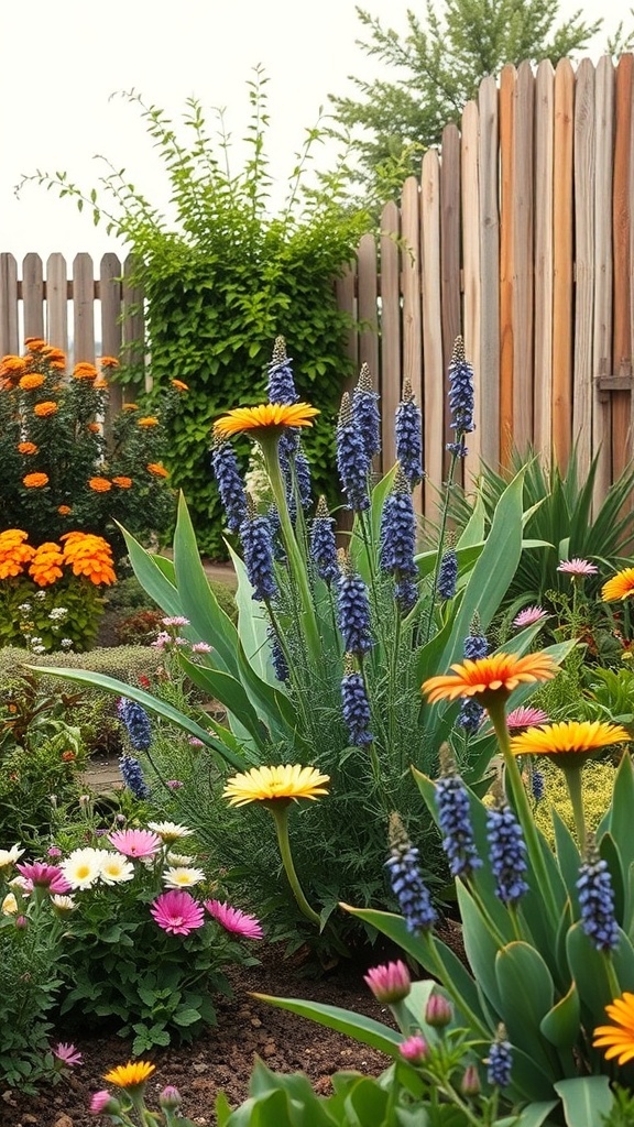 A vibrant farmhouse garden filled with colorful flowers and greenery.