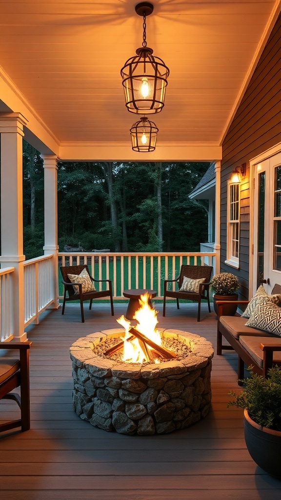 Modern farmhouse porch with a fire pit, seating, and warm lighting.