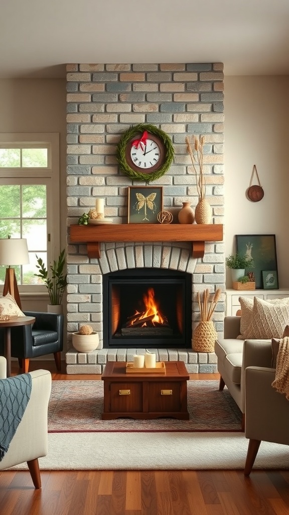 Cozy living room featuring a brick fireplace with a wooden mantel and decorative items.