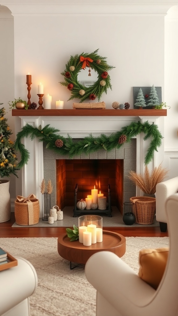 A beautifully decorated fireplace with a wreath, candles, and cozy decor.