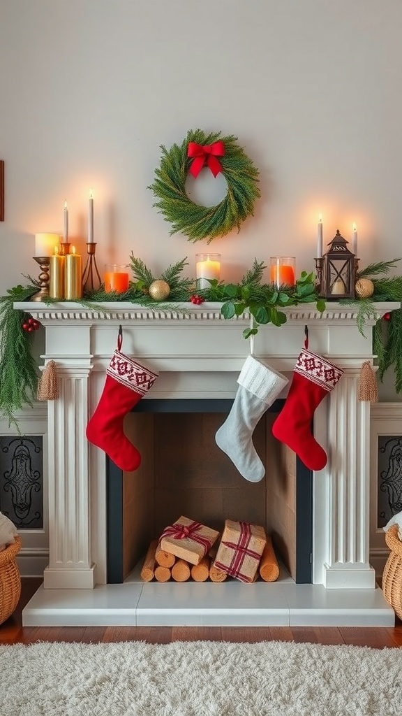 A beautifully decorated fireplace with stockings, candles, and a wreath.