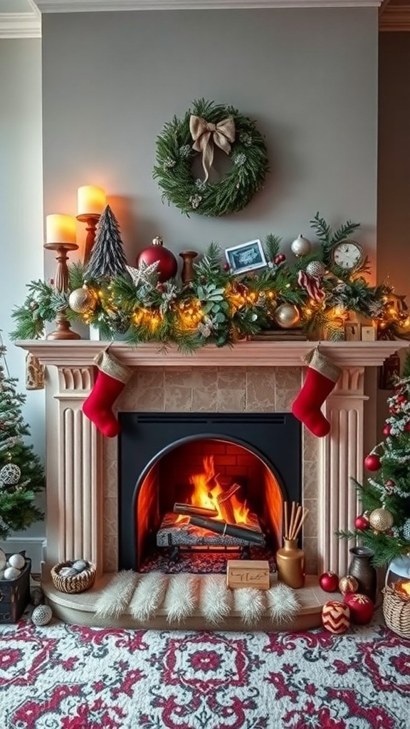 A decorated fireplace with stockings, candles, and a wreath, creating a cozy winter atmosphere.