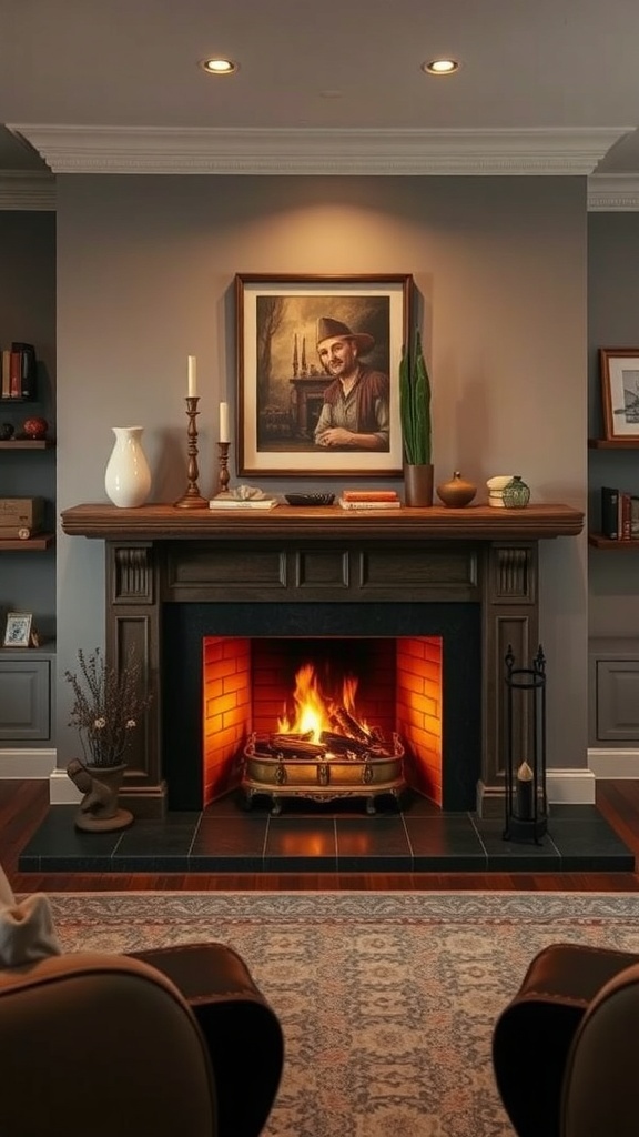 A cozy living room with a warm fireplace, a portrait above the mantel, and soft decor.