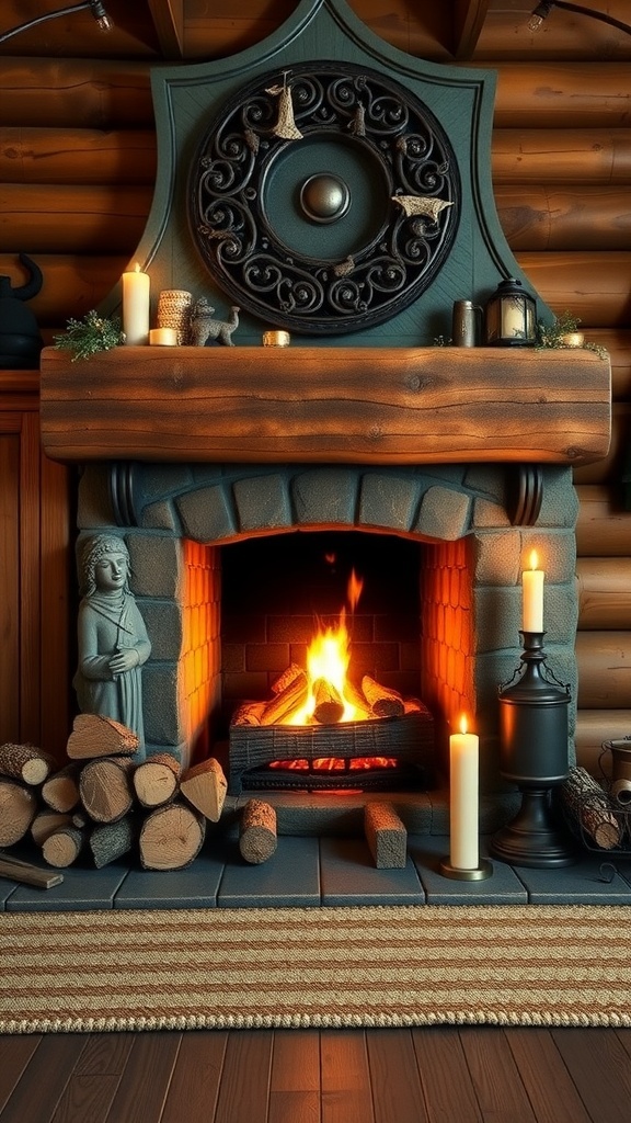 A cozy fireplace with logs, candles, and a decorative mantle in a cabin setting.