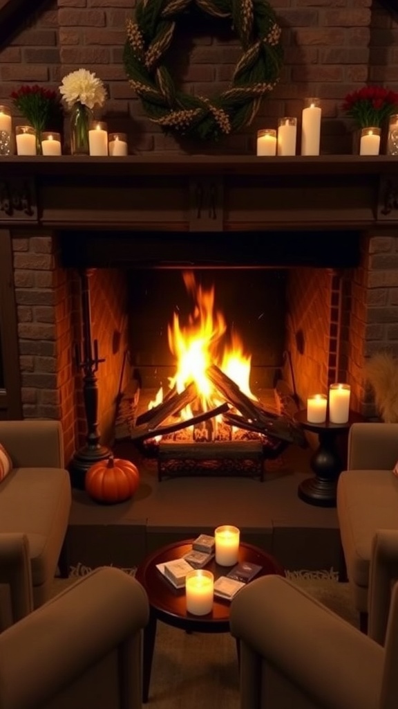 Cozy English cottage living room with a warm fireplace and candles