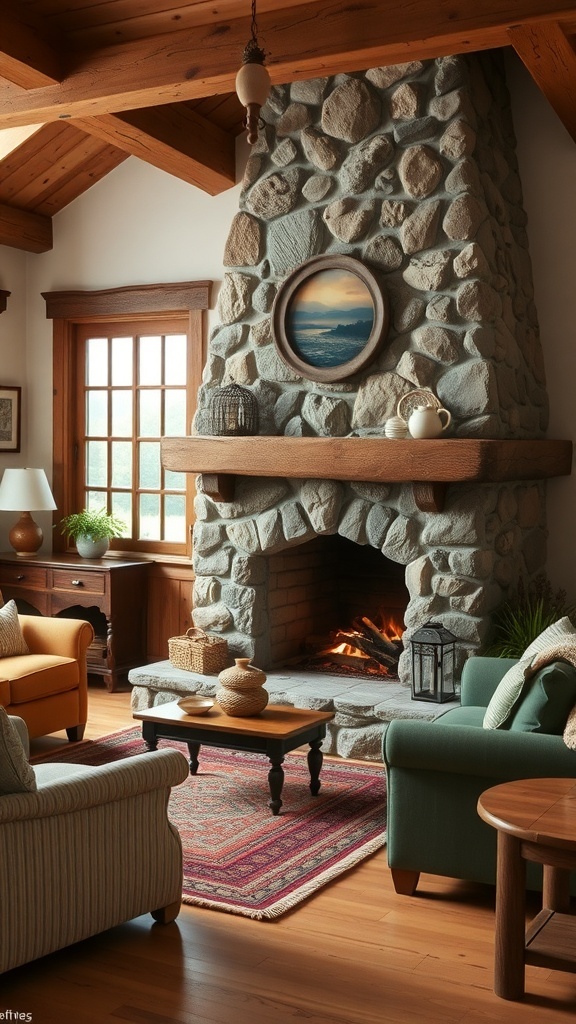 Cozy cottage style living room with a stone fireplace and comfortable seating.