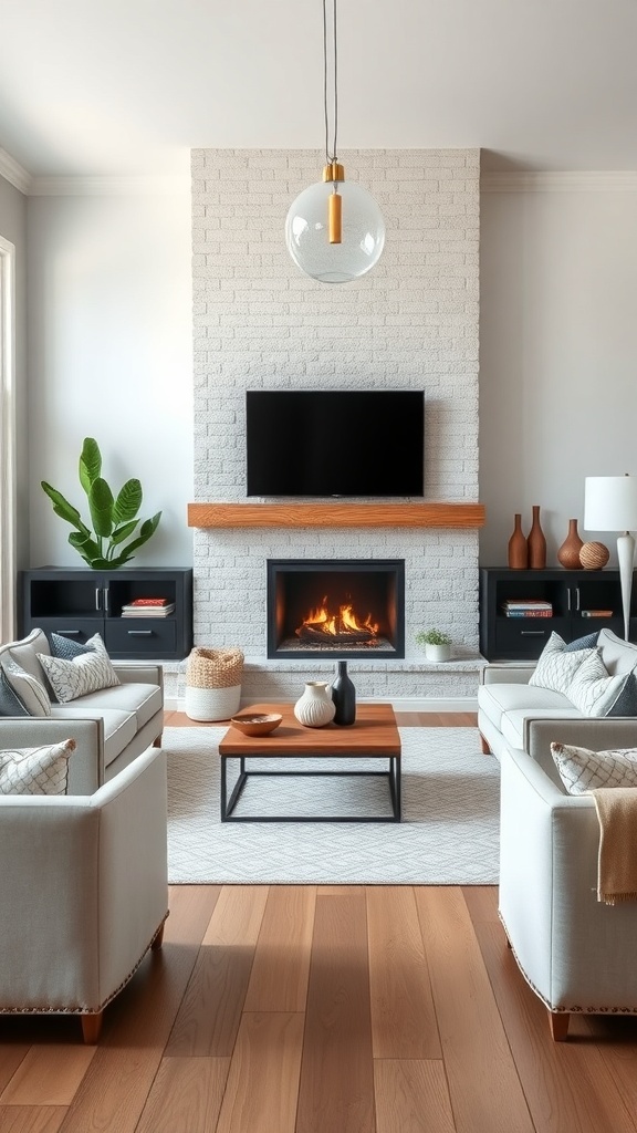 Modern farmhouse living room with a cozy fireplace and stylish decor